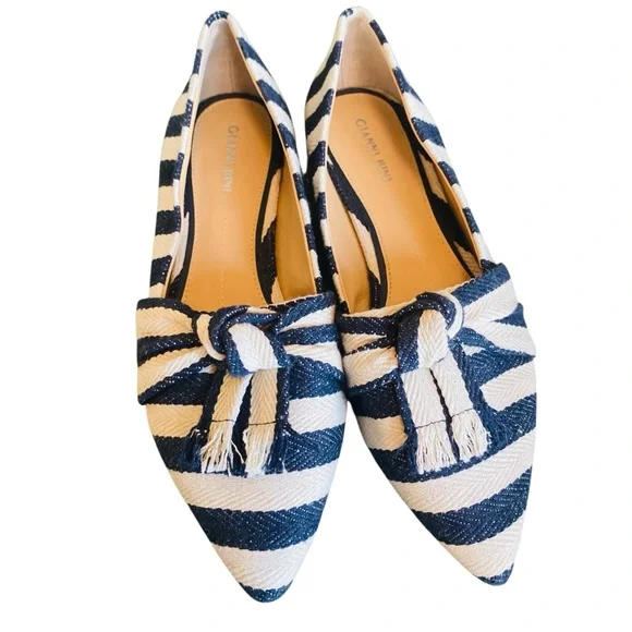 GIANNI BINI Blue White Nautical Stripe Canvas Pointy Toe Bow Flats - Picture 3 of 10